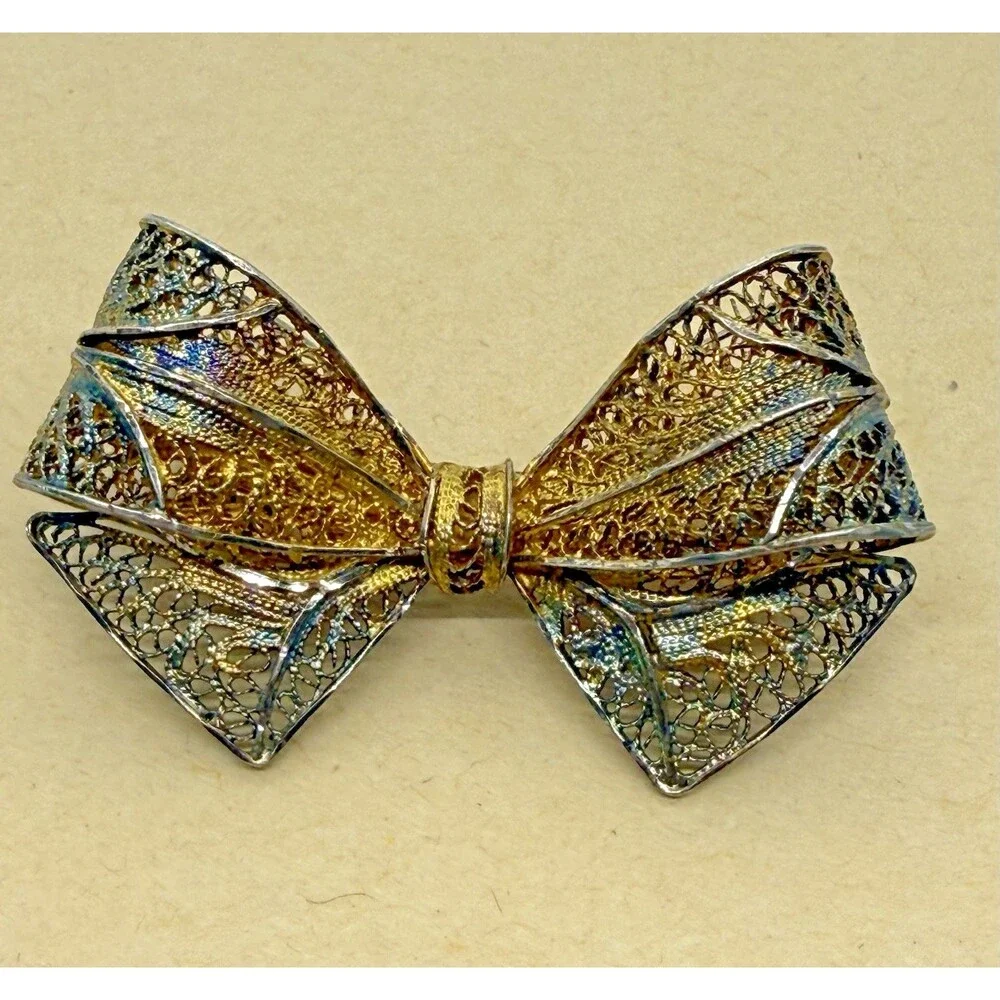 Vintage Sterling Silver Filigree Bow Brooch‎ Gold Wash Gilded Victorian Pin